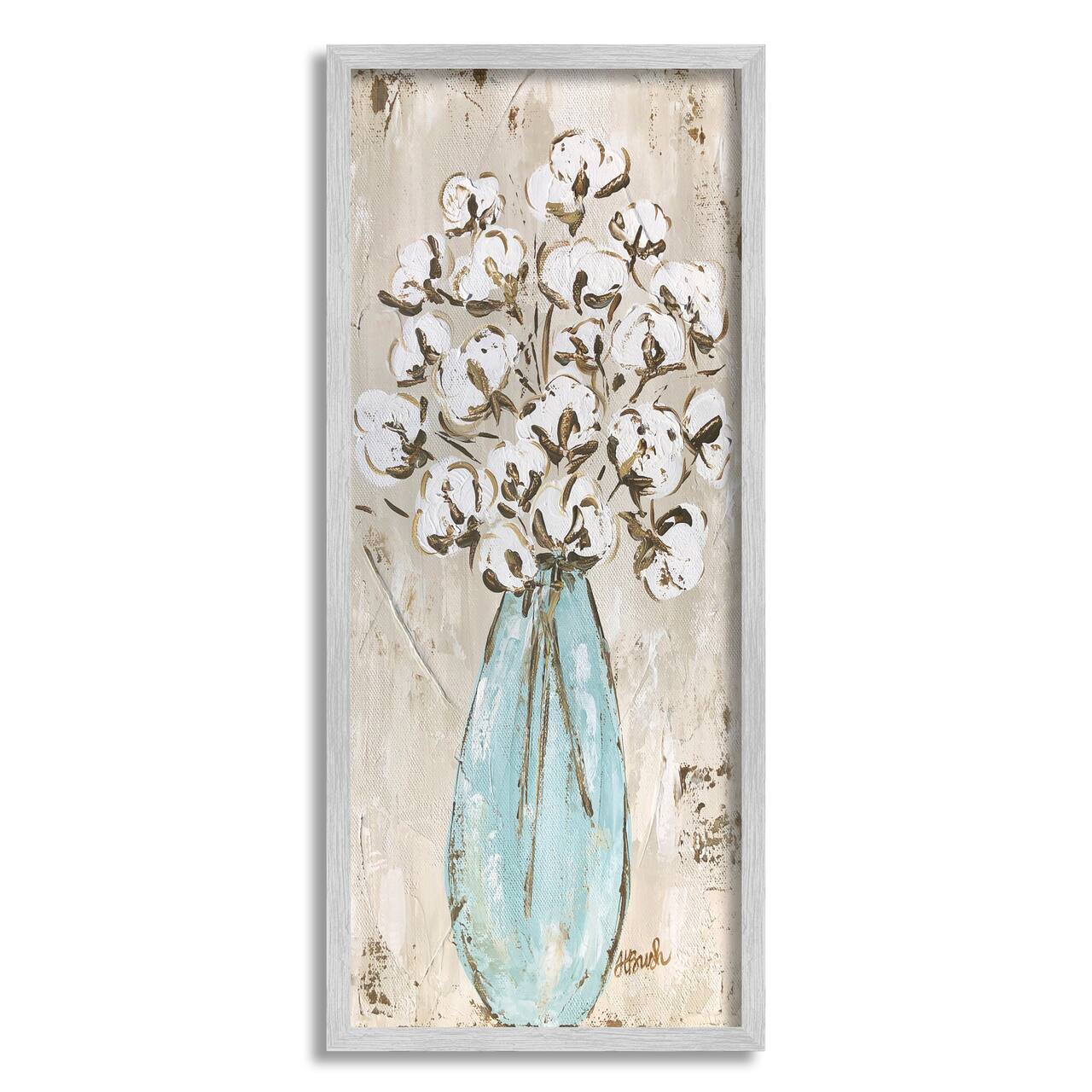 Stupell Industries Expressive Cotton Florals Blue Vase Rustic Still Life Framed Wall Art